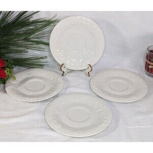 4 Gibson Flourish Saucers White Embossed Fruit Grapes Apples Cherries